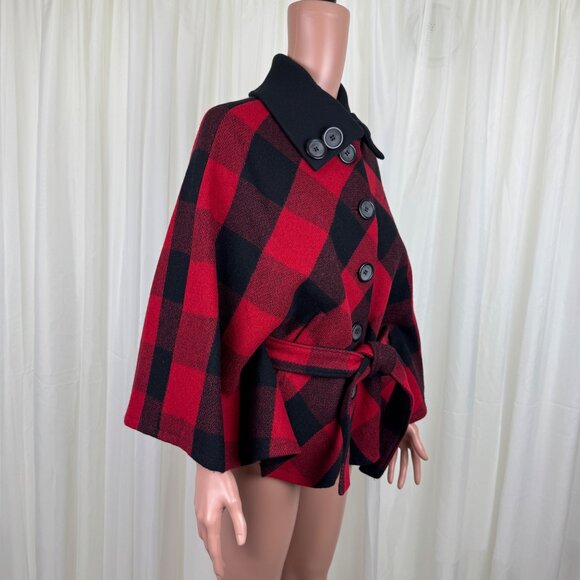 NWOT FUDA Plaid Wool Cape Poncho Shawl Coat Red Black Buffalo Size Large Y2K - Picture 2 of 12